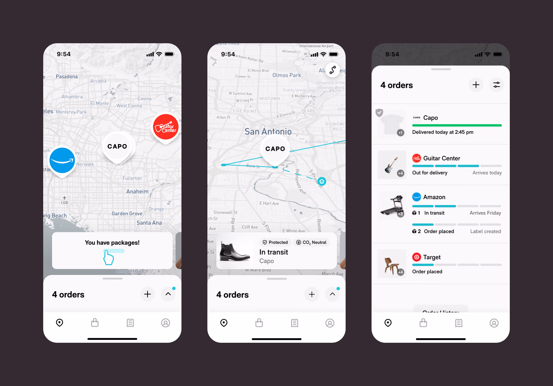 Three Route app screens: every package on one map, a single shipment in transit, and the unified order list