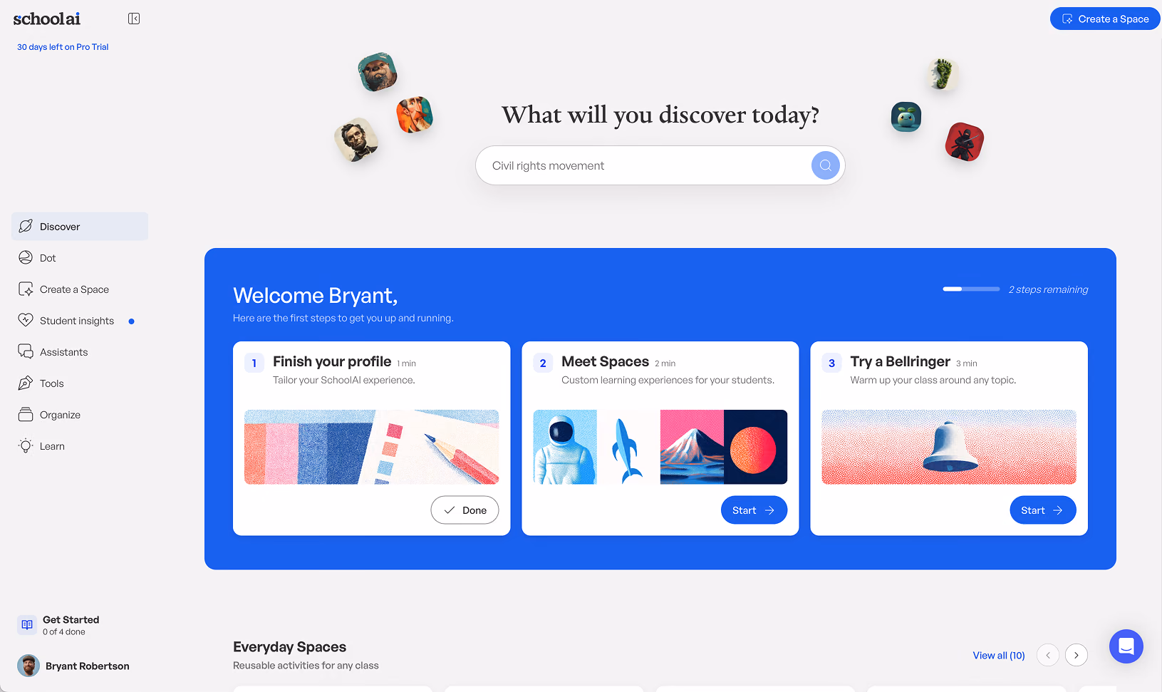 A checklist on the Discover page with three timed steps: finish your profile, meet Spaces, try a Bellringer