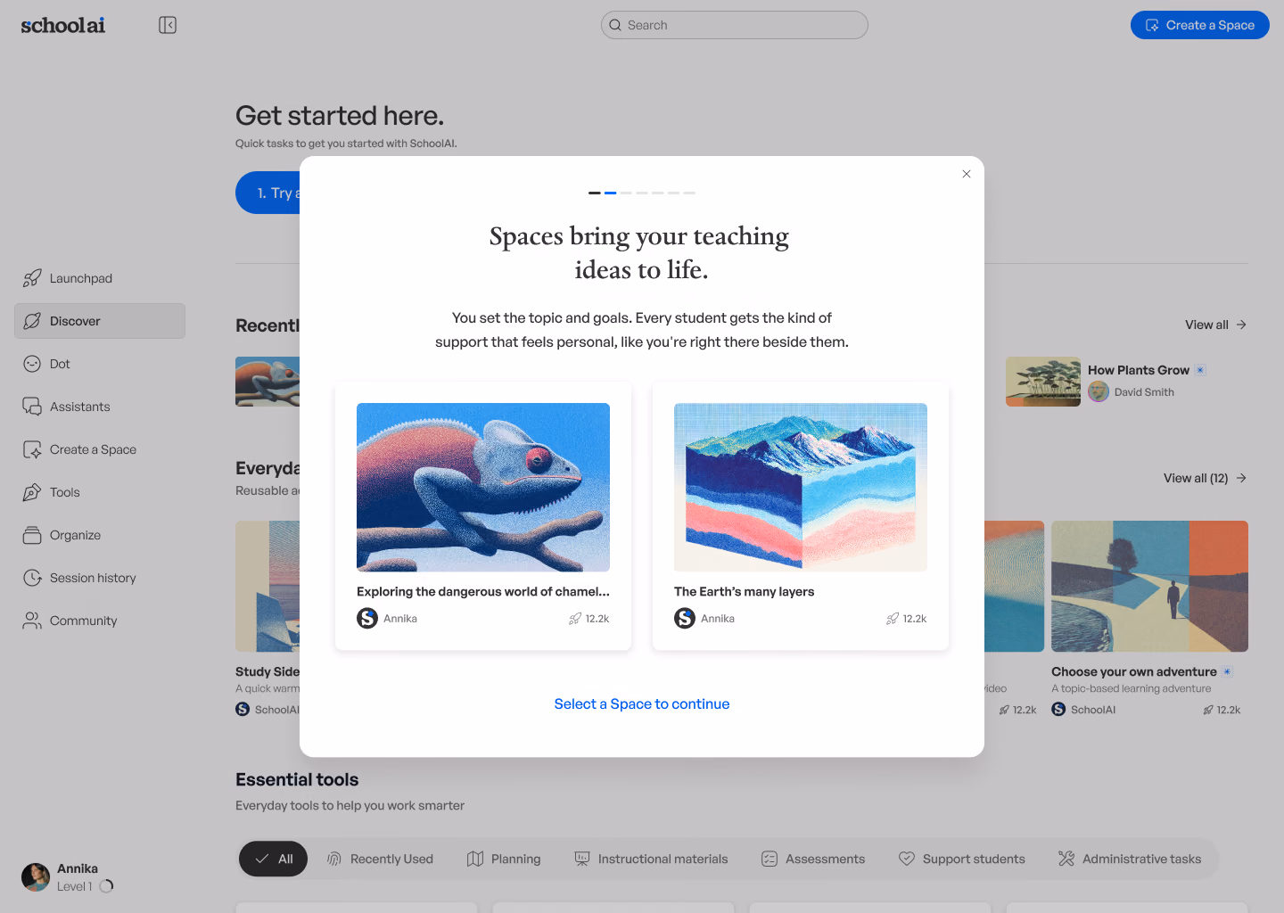 An onboarding step offering a teacher two ready-made Spaces to choose from