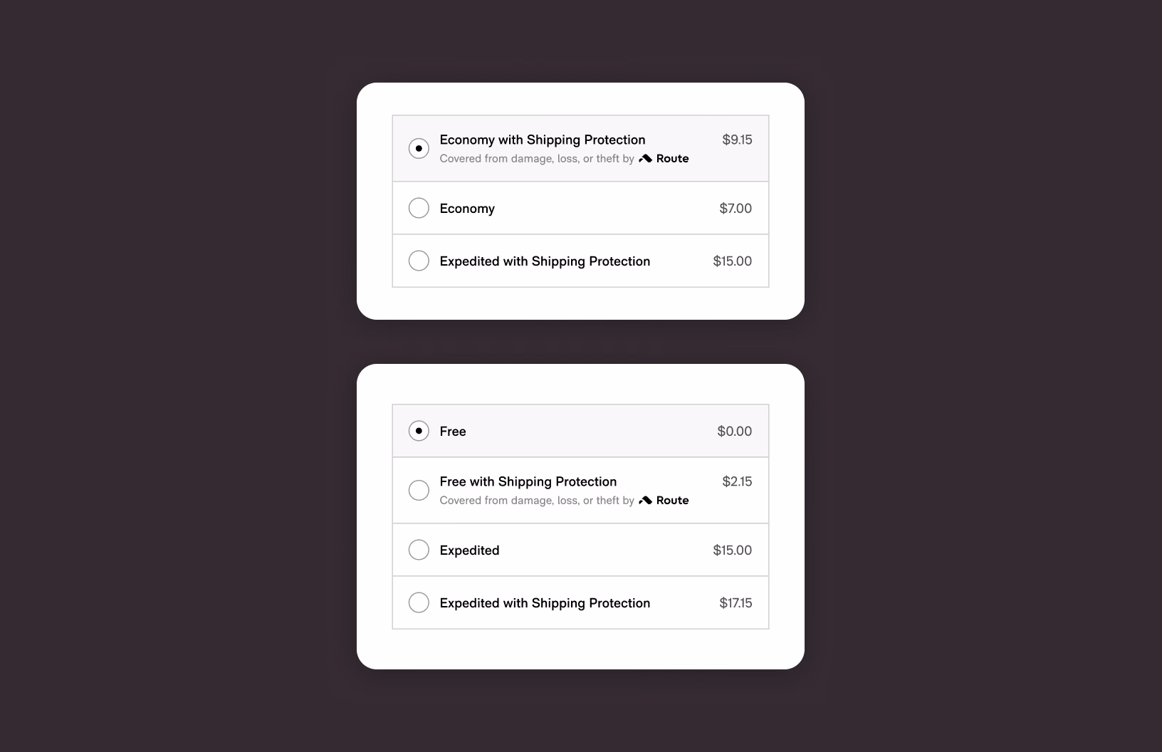 The same shipping list ordered two ways: once with protection preselected, once with the unprotected option first