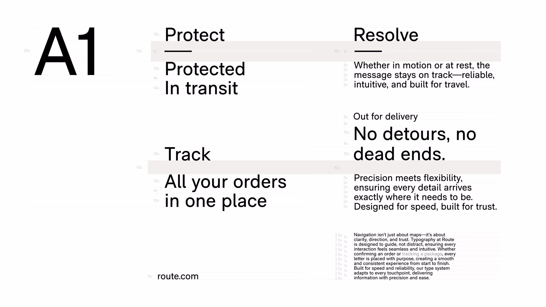 Route type specimen showing the hierarchy applied to product language