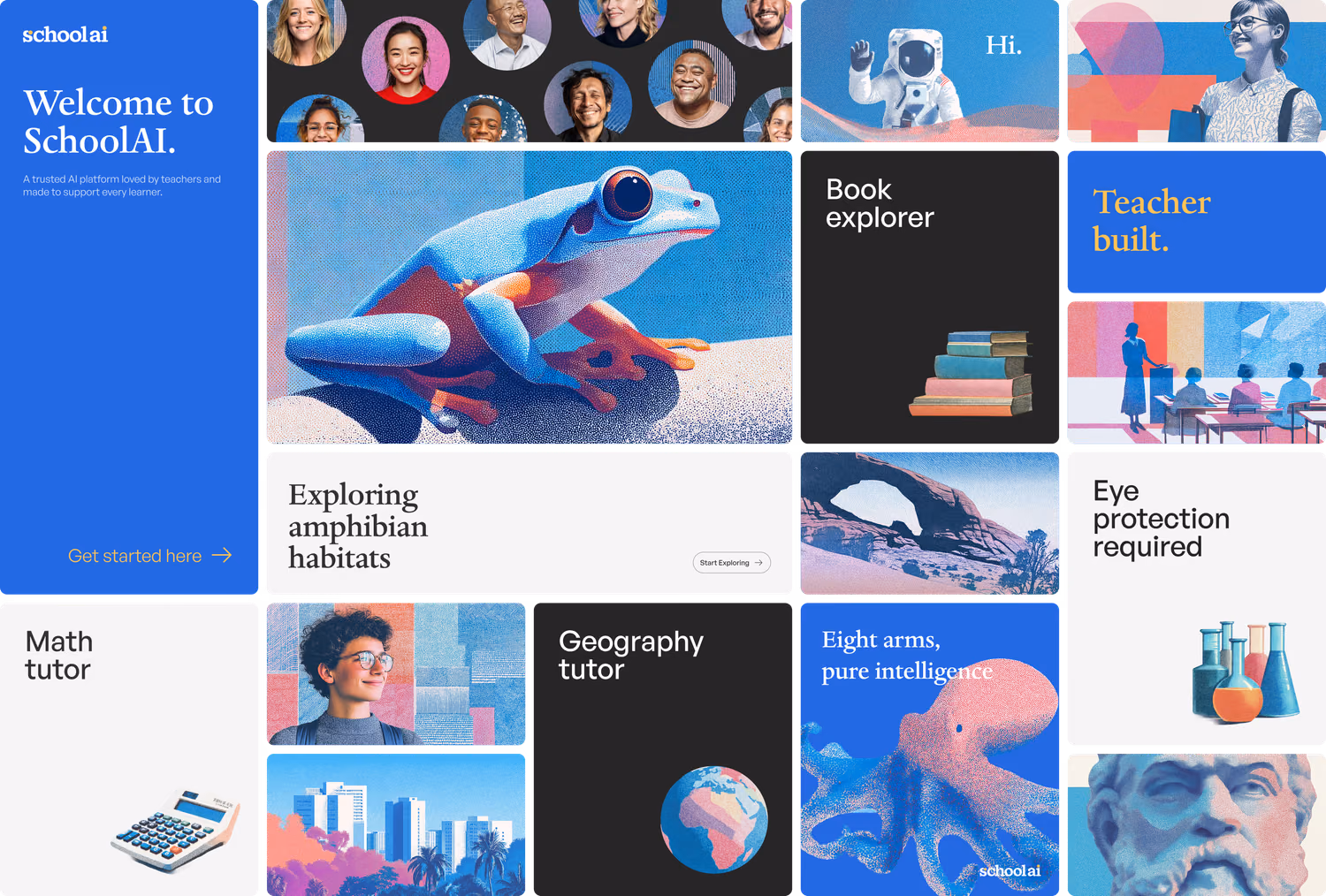 SchoolAI brand board: typography, color and stippled illustration across product surfaces