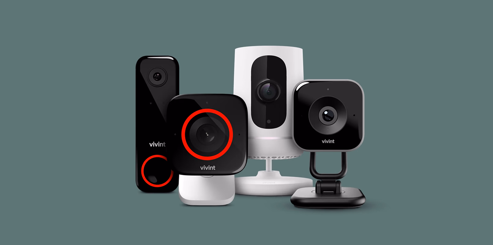Four Vivint cameras: a video doorbell, two outdoor cameras and an indoor camera